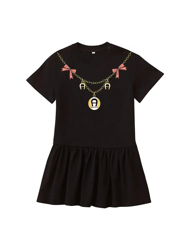 Cute Dress Baby Girls Summer Clothes 2025 Cotton Short sleeved Dress Bow necklace Print Princess Dress Child Everyday Wear Skirt