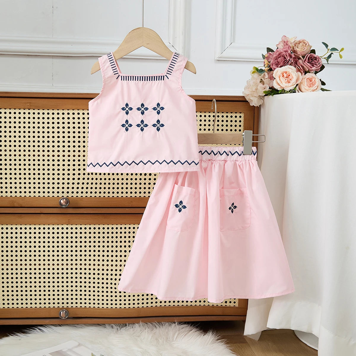 Children's Clothing Sets Floral Embroidery Sleeveless Top + Skirt 2pcs Kids Clothes Girls for 2 To 7 Years  Baby Girl Outfit Set