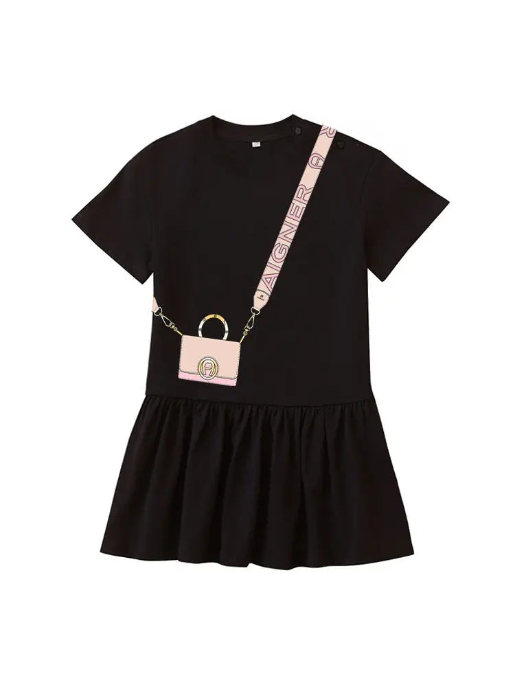 Cute Dress Baby Girls Summer Clothes 2025 Cotton Short sleeved Dress Bow necklace Print Princess Dress Child Everyday Wear Skirt