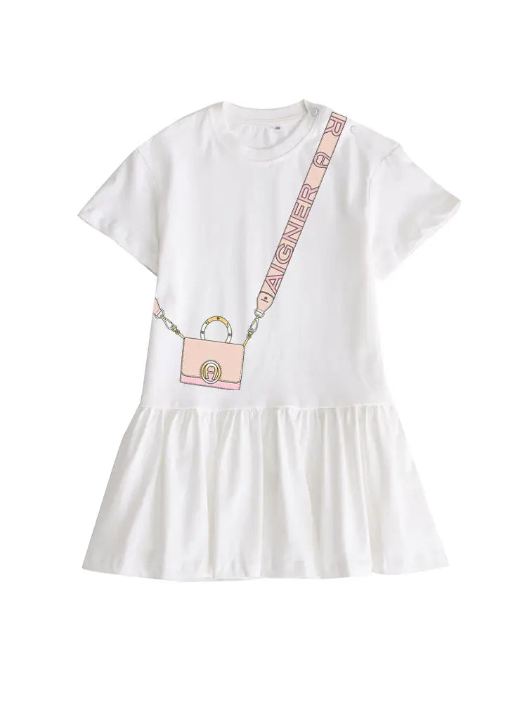 Cute Dress Baby Girls Summer Clothes 2025 Cotton Short sleeved Dress Bow necklace Print Princess Dress Child Everyday Wear Skirt