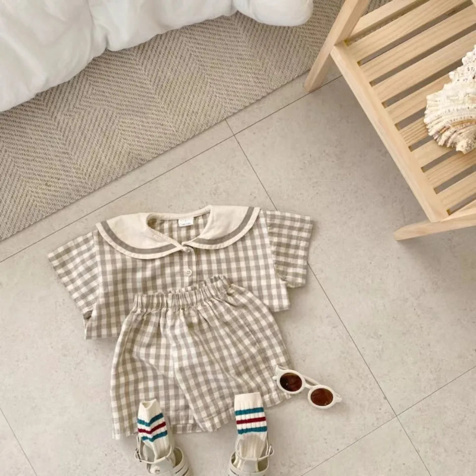 TZ23052 Summer Children's Navy Collar Checkered Short Sleeved Pants, Fashionable, Casual, Breathable, Two-Piece Lapel Set