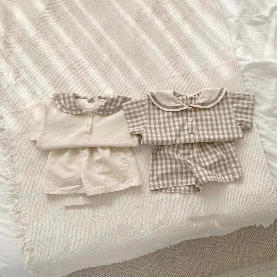 TZ23052 Summer Children's Navy Collar Checkered Short Sleeved Pants, Fashionable, Casual, Breathable, Two-Piece Lapel Set