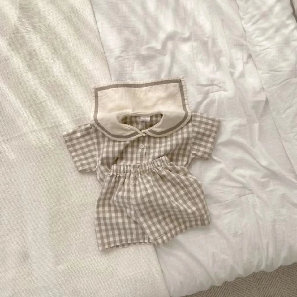 TZ23052 Summer Children's Navy Collar Checkered Short Sleeved Pants, Fashionable, Casual, Breathable, Two-Piece Lapel Set