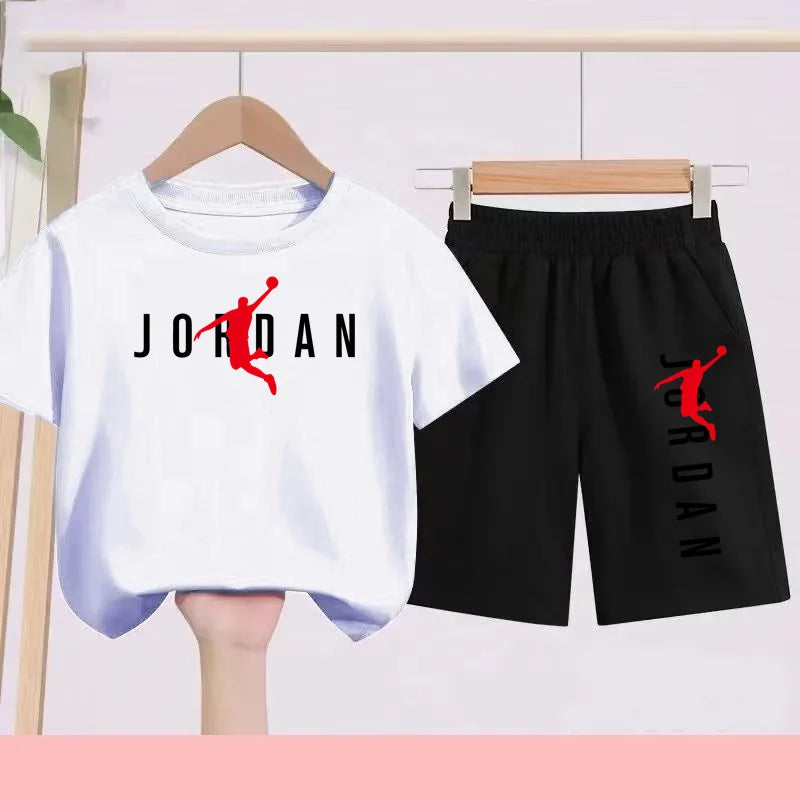 The Children's Summer Black and White One-piece Dress and Shorts Set Is Suitable for Those Aged 3 To12with Letter Patterns on It