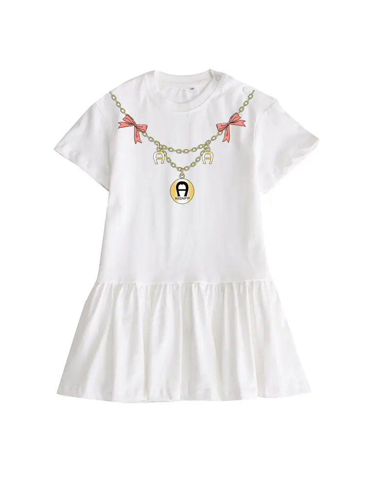 Cute Dress Baby Girls Summer Clothes 2025 Cotton Short sleeved Dress Bow necklace Print Princess Dress Child Everyday Wear Skirt
