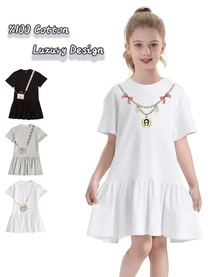 Cute Dress Baby Girls Summer Clothes 2025 Cotton Short sleeved Dress Bow necklace Print Princess Dress Child Everyday Wear Skirt
