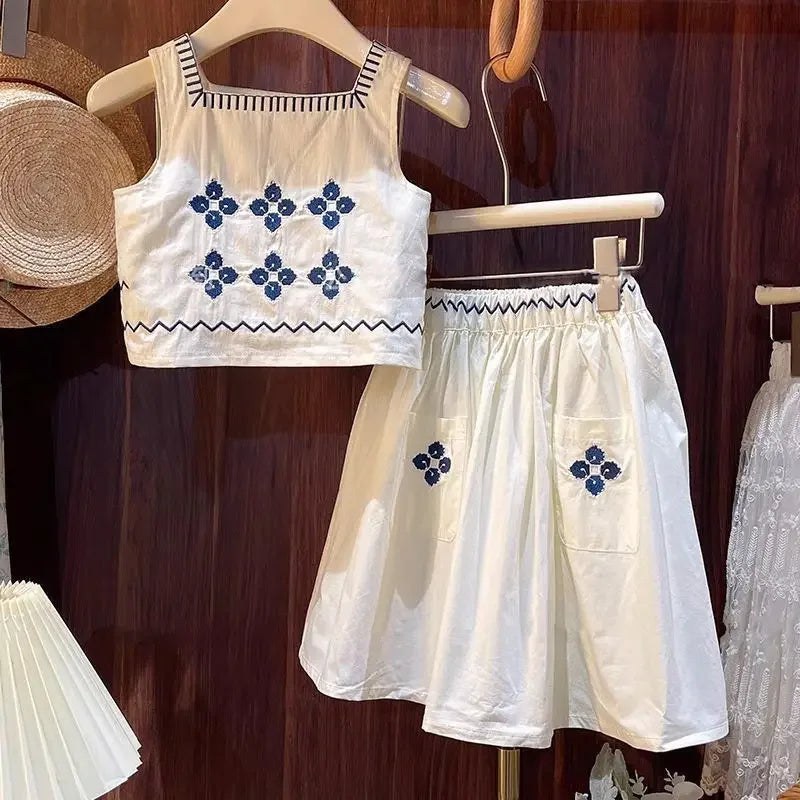 Children's Clothing Sets Floral Embroidery Sleeveless Top + Skirt 2pcs Kids Clothes Girls for 2 To 7 Years  Baby Girl Outfit Set