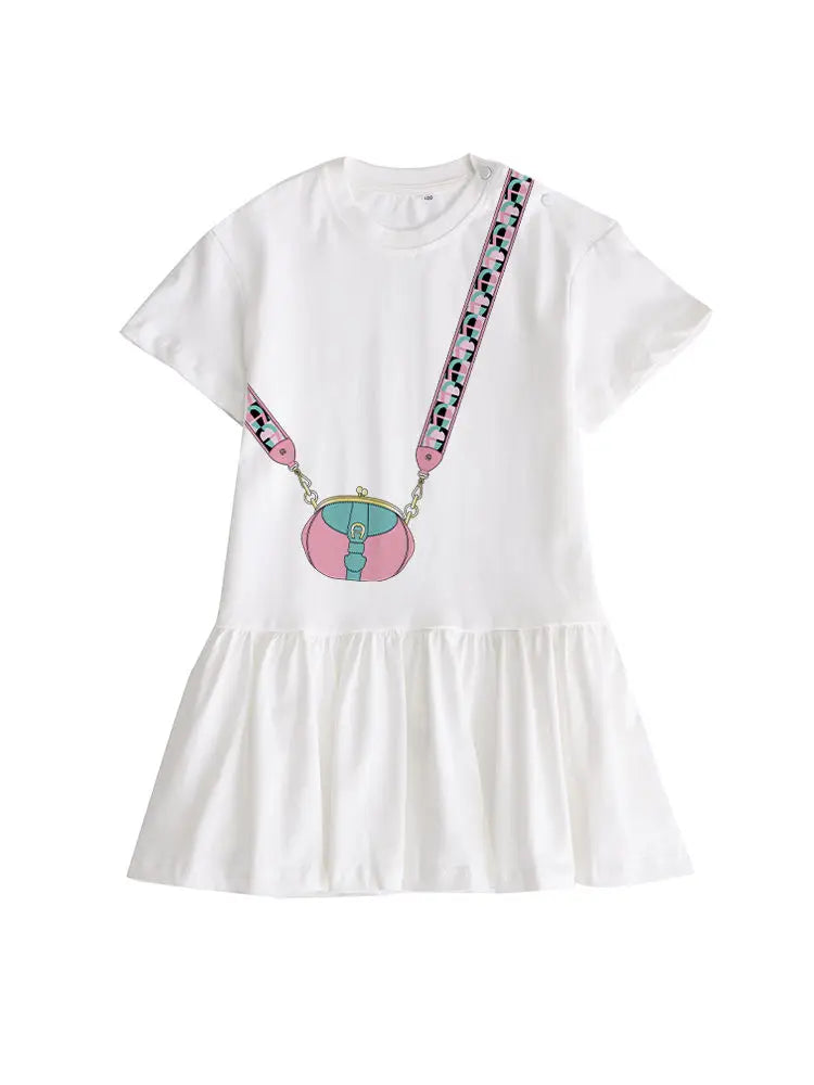 Cute Dress Baby Girls Summer Clothes 2025 Cotton Short sleeved Dress Bow necklace Print Princess Dress Child Everyday Wear Skirt
