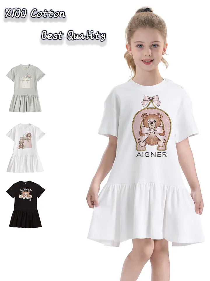 Cute Baby Girls Dress Summer 2025 Hot Sale New Half sleeve Casual Child Skirt Cartoon Bear Kids Princess Dress Holiday gifts