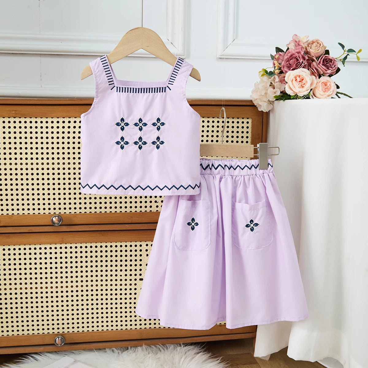 Children's Clothing Sets Floral Embroidery Sleeveless Top + Skirt 2pcs Kids Clothes Girls for 2 To 7 Years  Baby Girl Outfit Set