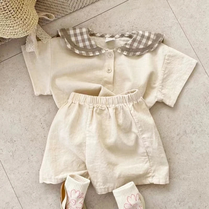 TZ23052 Summer Children's Navy Collar Checkered Short Sleeved Pants, Fashionable, Casual, Breathable, Two-Piece Lapel Set