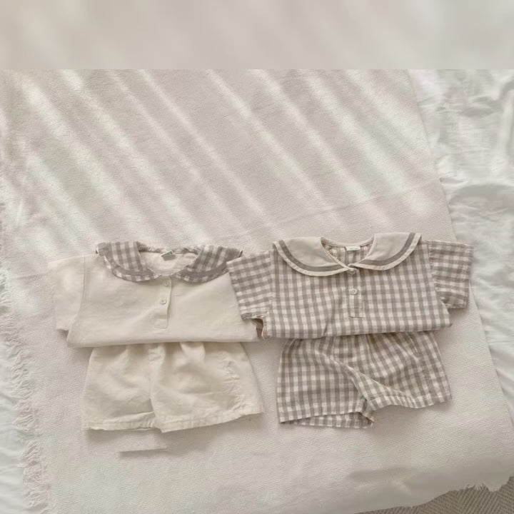 TZ23052 Summer Children's Navy Collar Checkered Short Sleeved Pants, Fashionable, Casual, Breathable, Two-Piece Lapel Set