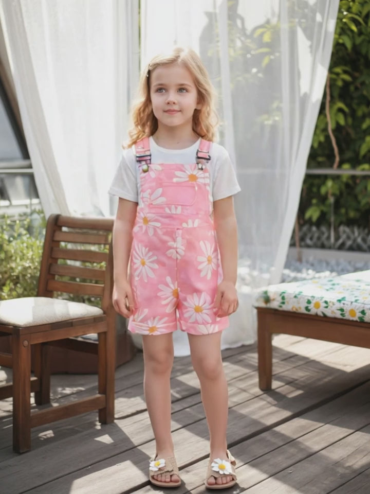 Summer Casual White T-Shirt for Girls with Daisy Print Suspenders Short Sleeve Fashion Comfortable Kids Set